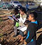 Students holding clipboards while surveying school grounds 