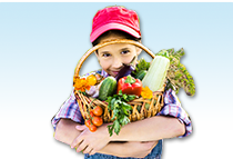 Kid holding a basket of vegetables.