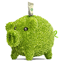 Green piggy bank with dollar sticking out the top.